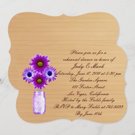 Rustige Paarse Mason Jar Rehearsal Dinner Invite Kaart (Voorkant / Achterkant)