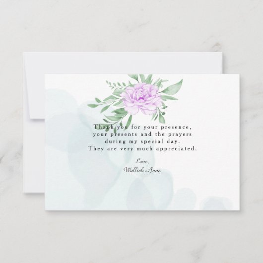 Rustige Paarse Roos Eucalyptus Leaves Baptism Foto Bedankkaart (Voorkant)