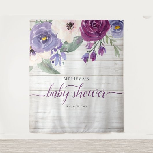 Rustige Paarse Waterverf Floral Girl Baby shower Wandkleed (Voorkant)