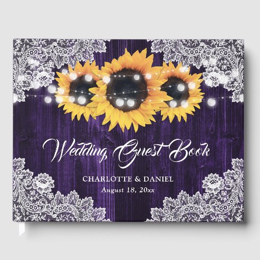Rustige Paarse Wood Lace Sunflower Wedding Gastenboek (Voorkant)