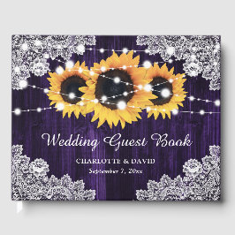 Rustige Paarse Wood Lace Sunflower Wedding Gastenboek