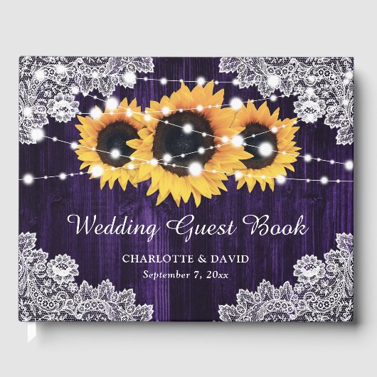 Rustige Paarse Wood Lace Sunflower Wedding Gastenboek (Voorkant)