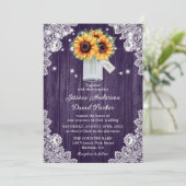 Rustige Paarse Wood Lace Sunflower Wedding Invites Kaart (Staand voorkant)