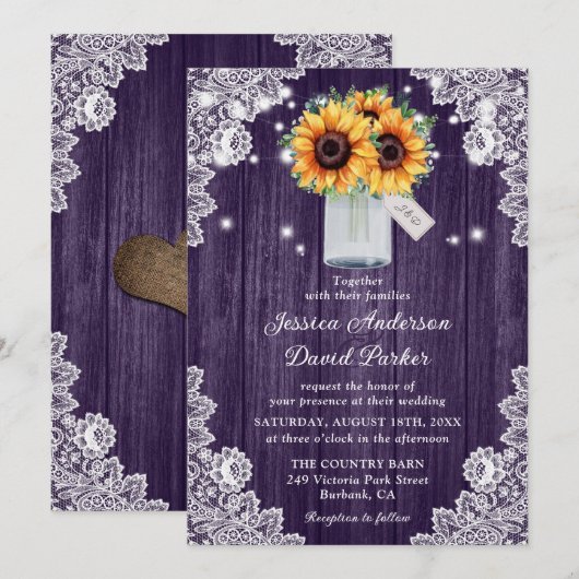 Rustige Paarse Wood Lace Sunflower Wedding Invites Kaart (Voorkant / Achterkant)