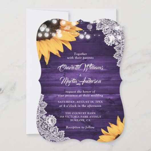 Rustige Paarse Wood Lace Sunflower Wedding Kaart (Voorkant)