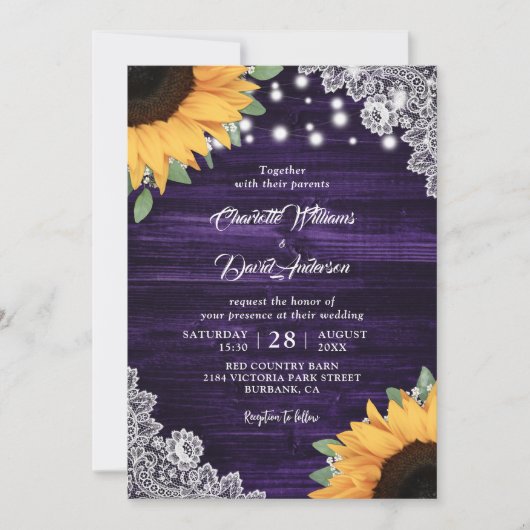 Rustige Paarse Wood Lace Sunflower Wedding Kaart (Voorkant)