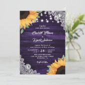 Rustige Paarse Wood Lace Sunflower Wedding Kaart (Staand voorkant)