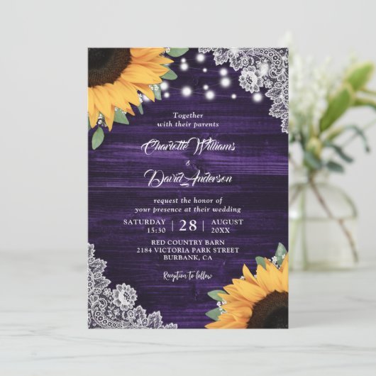 Rustige Paarse Wood Lace Sunflower Wedding Kaart (Staand voorkant)