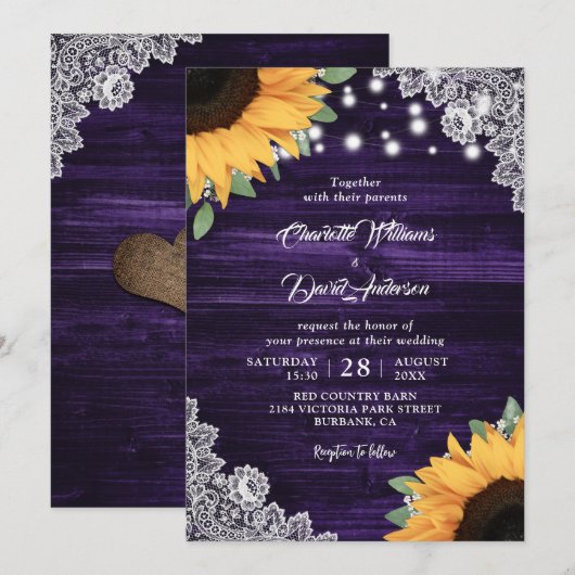 Rustige Paarse Wood Lace Sunflower Wedding Kaart (Voorkant / Achterkant)