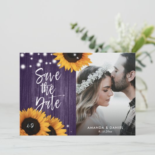 Rustige Paarse zonnebloem bespaart de datum-fotoka Save The Date (Staand voorkant)