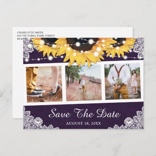 Rustige Paarse zonnebloem Foto slaat de datum op Aankondigingskaart (Voorkant / Achterkant)