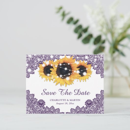 Rustige Paarse Zonnebloem Weddenschap bespaart de  Aankondigingskaart (Staand voorkant)