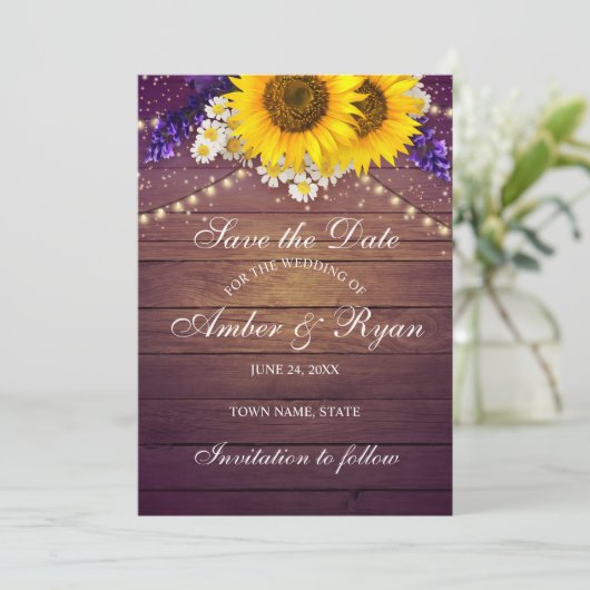 Rustige Paarse zonnebloempel landschuur Save The Date (Staand voorkant)