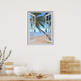 Rustige palmen en kunstmatig oceaanzicht uit het r poster
