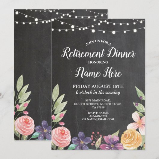 Rustige PARTIJ Retire Chalk Floral Invite Kaart (Voorkant / Achterkant)