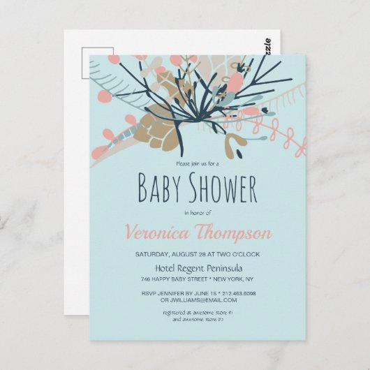 Rustige pasta Blue Botanical Baby shower Invite Briefkaart (Voorkant / Achterkant)
