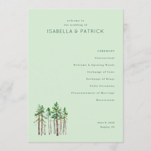 Rustige Pastelgroene Dennenbomen Programmakaart (Voorkant)