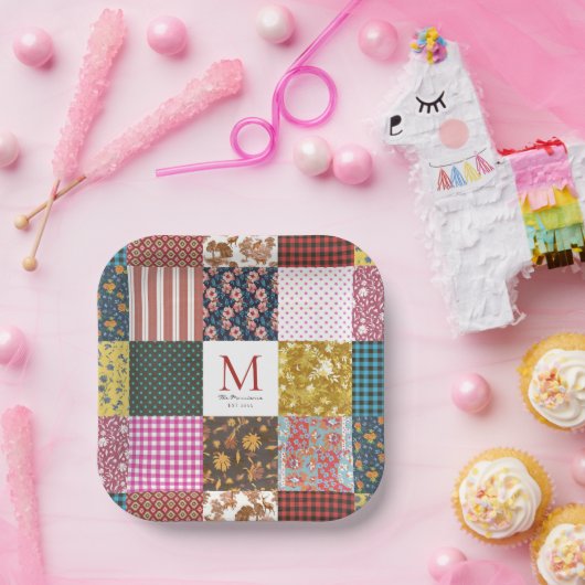 Rustige  patchwork Quilt Pattern Monogram Papieren Bordje (Feest)