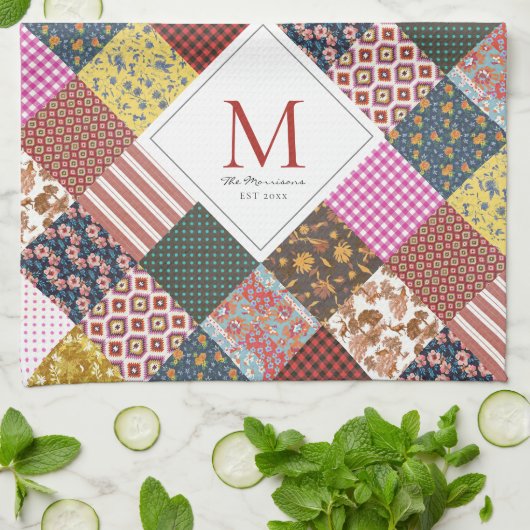 Rustige  patchwork Quilt Pattern Monogram Theedoek (Gevouwen)