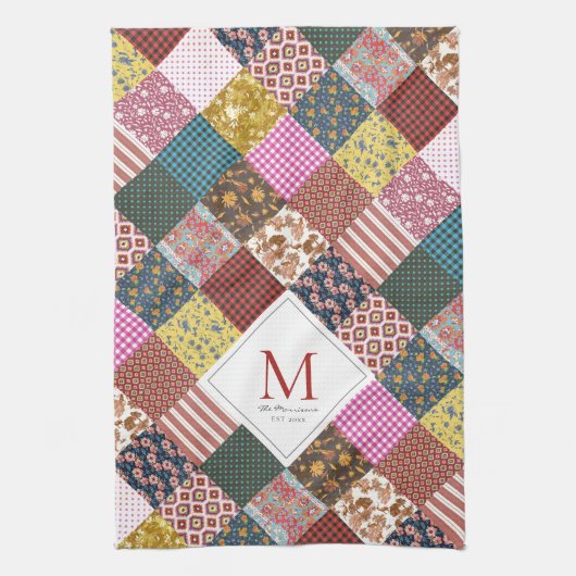 Rustige  patchwork Quilt Pattern Monogram Theedoek (Verticaal)