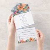 Rustige peach Blue & White Floral No Dinner All In One Uitnodiging (Afscheurbaar)