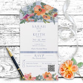Rustige peach Blue & White Floral QR Code All In One Uitnodiging
