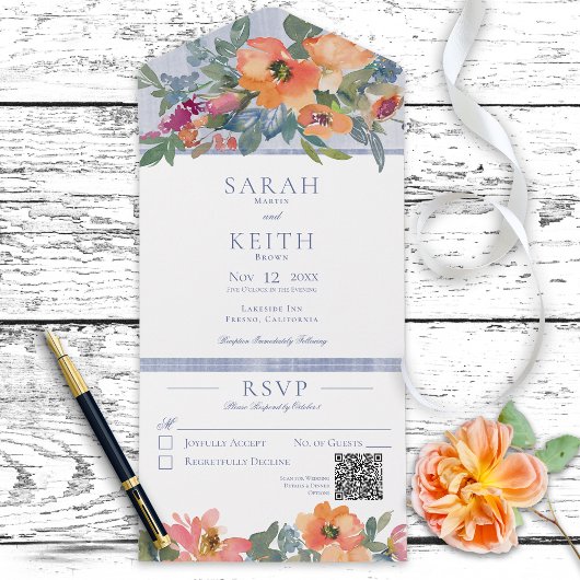 Rustige peach Blue & White Floral QR Code All In One Uitnodiging