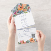 Rustige peach Blue & White Floral QR Code All In One Uitnodiging (Afscheurbaar)