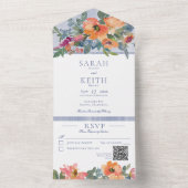 Rustige peach Blue & White Floral QR Code All In One Uitnodiging (Binnen)