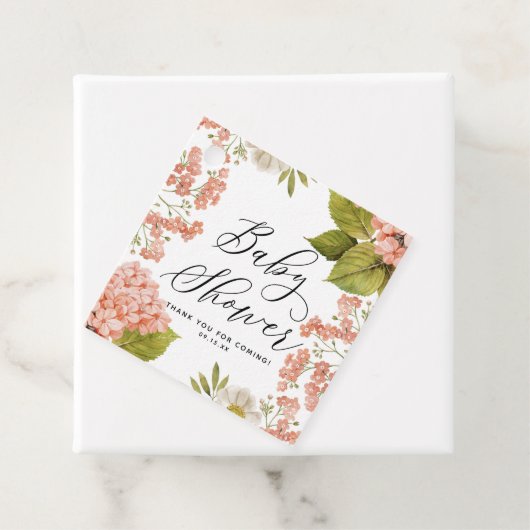 Rustige Peach Waterverf Hydrangeas Baby shower Bedankjes Labels (In situ)