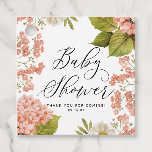 Rustige Peach Waterverf Hydrangeas Baby shower Bedankjes Labels (Voorkant)