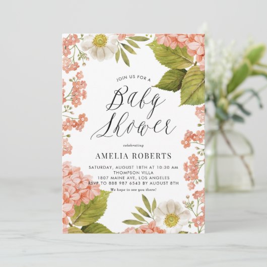 Rustige Peach Waterverf Hydrangeas Baby shower Kaart (Staand voorkant)