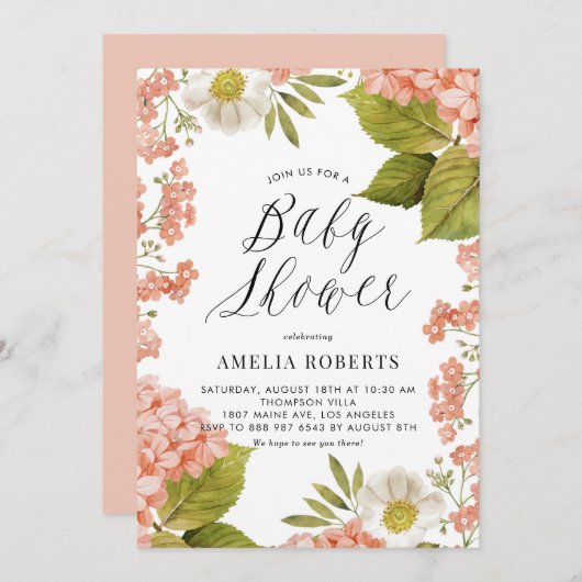 Rustige Peach Waterverf Hydrangeas Baby shower Kaart (Voorkant / Achterkant)