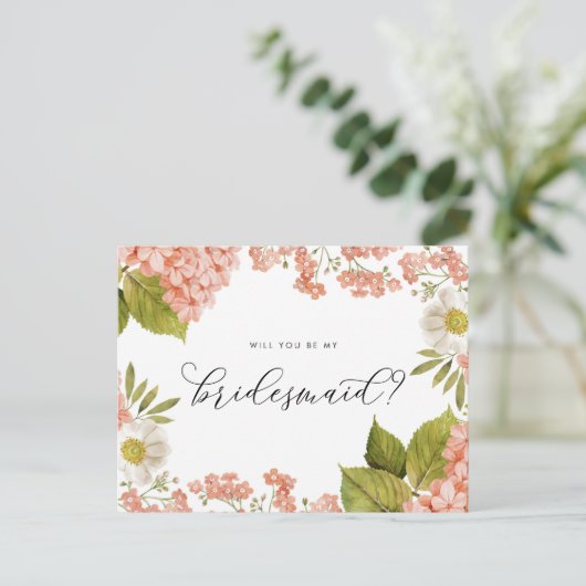 Rustige Peach Waterverf Hydrangeas Bridesmaid Briefkaart (Staand voorkant)