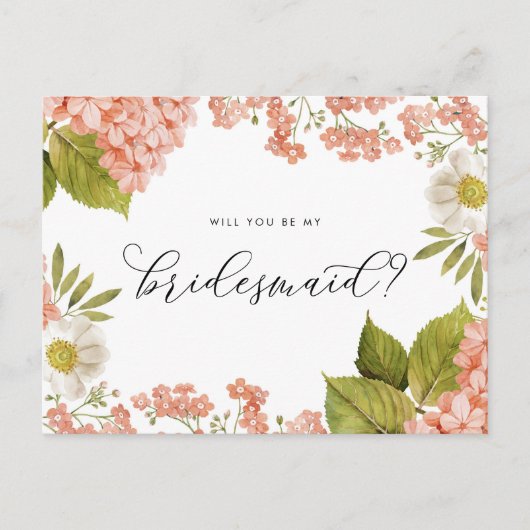 Rustige Peach Waterverf Hydrangeas Bridesmaid Briefkaart (Voorkant)
