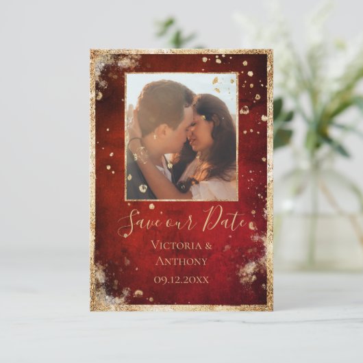 Rustige Photo Red Gold Flat Save The Date (Staand voorkant)