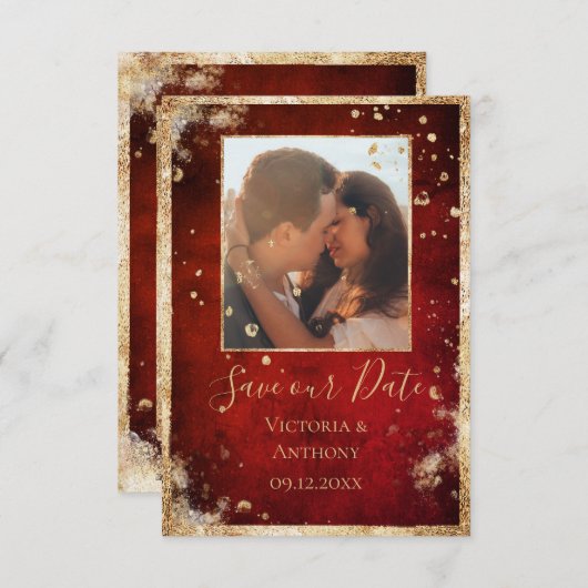 Rustige Photo Red Gold Flat Save The Date (Voorkant / Achterkant)