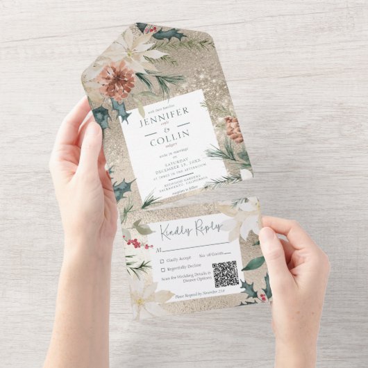 Rustige pine en Berries Gold QR-code All In One Uitnodiging (Afscheurbaar)
