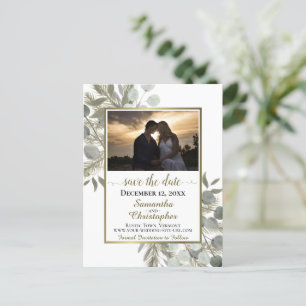 Rustige pine & Eucalyptus White Save the Date Phot Aankondigingskaart