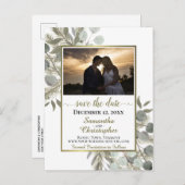 Rustige pine & Eucalyptus White Save the Date Phot Aankondigingskaart (Voorkant / Achterkant)