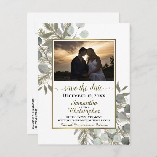 Rustige pine & Eucalyptus White Save the Date Phot Aankondigingskaart (Voorkant / Achterkant)