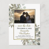 Rustige pine & Eucalyptus White Save the Date Phot Aankondigingskaart (Voorkant)