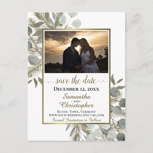 Rustige pine & Eucalyptus White Save the Date Phot Aankondigingskaart (Voorkant)