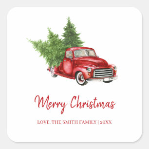 Rustige Pine Tree Red Truck Merry Kerstmis Vierkante Sticker
