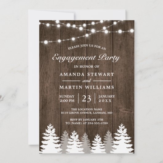 Rustige Pine Tree String Lights Engagement Party Kaart (Voorkant)