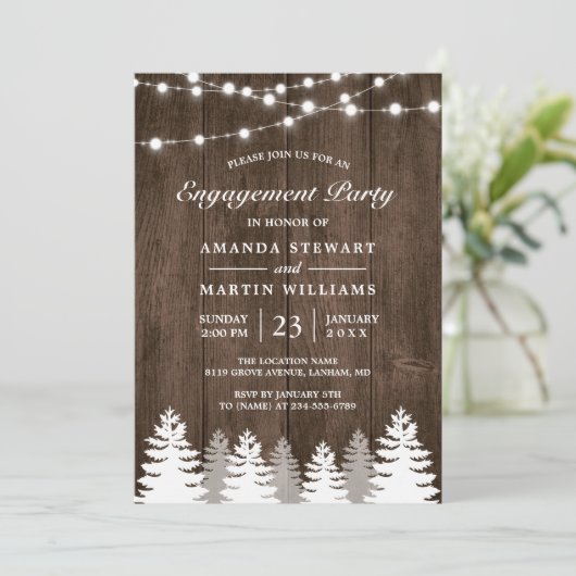 Rustige Pine Tree String Lights Engagement Party Kaart (Staand voorkant)