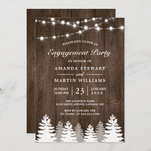 Rustige Pine Tree String Lights Engagement Party Kaart (Voorkant / Achterkant)