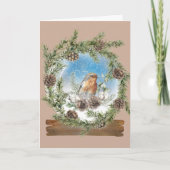 Rustige Pine Wreath en Bird Snow Wereldbol Kerstmi Kaart (Voorkant)