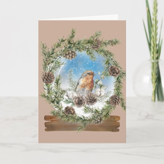 Rustige Pine Wreath en Bird Snow Wereldbol Kerstmi Kaart (Voorkant)