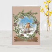 Rustige Pine Wreath en Bird Snow Wereldbol Kerstmi Kaart (Gele Bloem)
